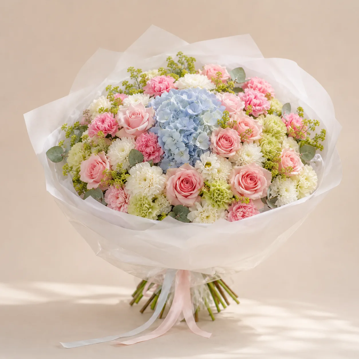 Pastellfarbener Strauß mit blauer Hortensie, rosa Rosen und weißen Blüten